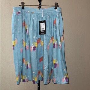 NWT ModCloth x Collectif Blue Jasmine Rainbow Cats Swing Skirt Sz L US 10/UK 14